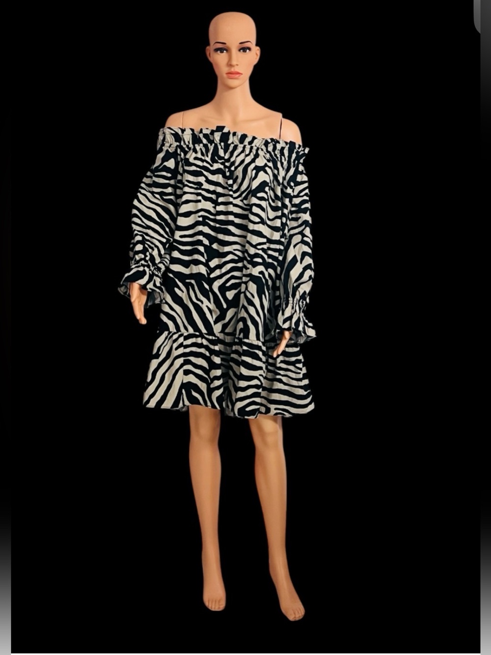 H&M Off-Shoulder Zebra Print Shift Dress - Black & Tan size XXL